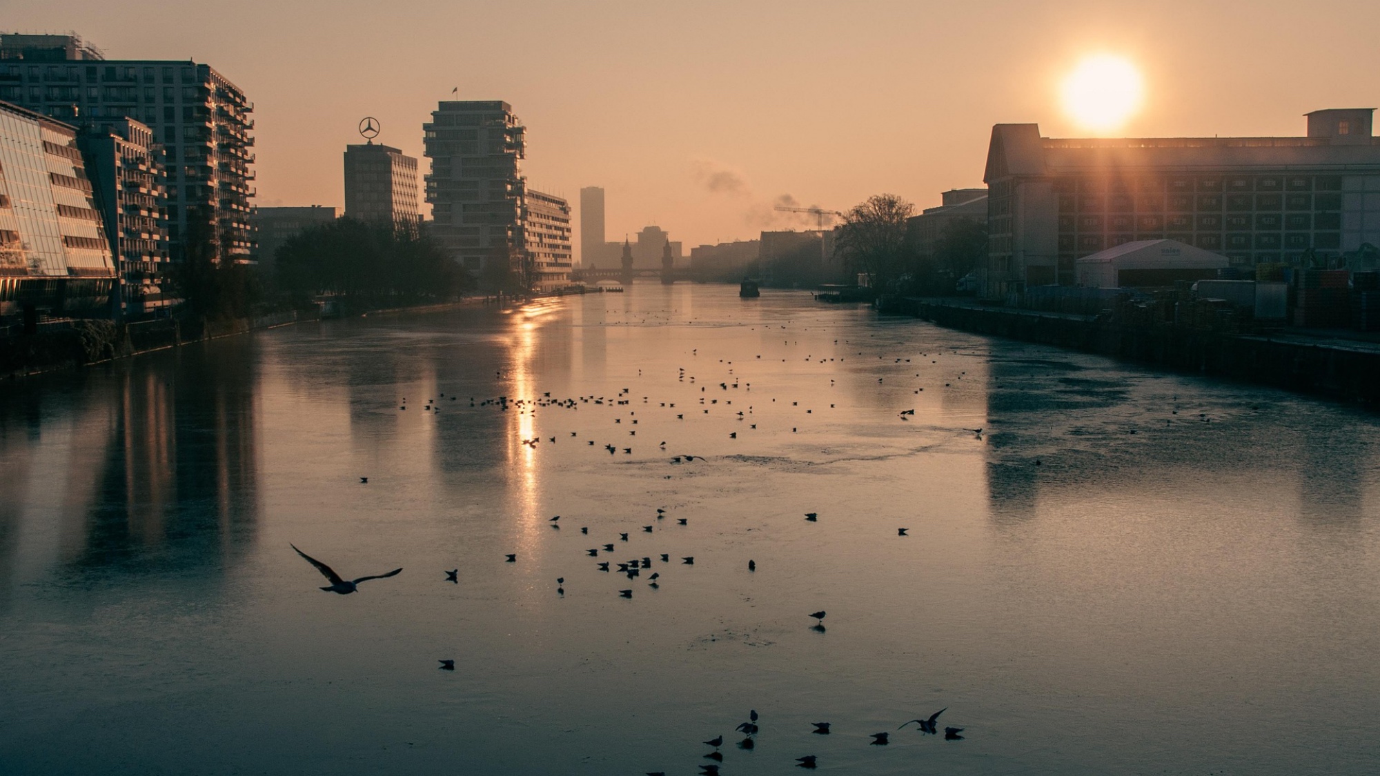 Blick auf die winterliche Spree in Berlin während der Dämmerung. Die tiefstehende Sonne spiegelt sich im Wasser zwischen Stadtgebäuden.